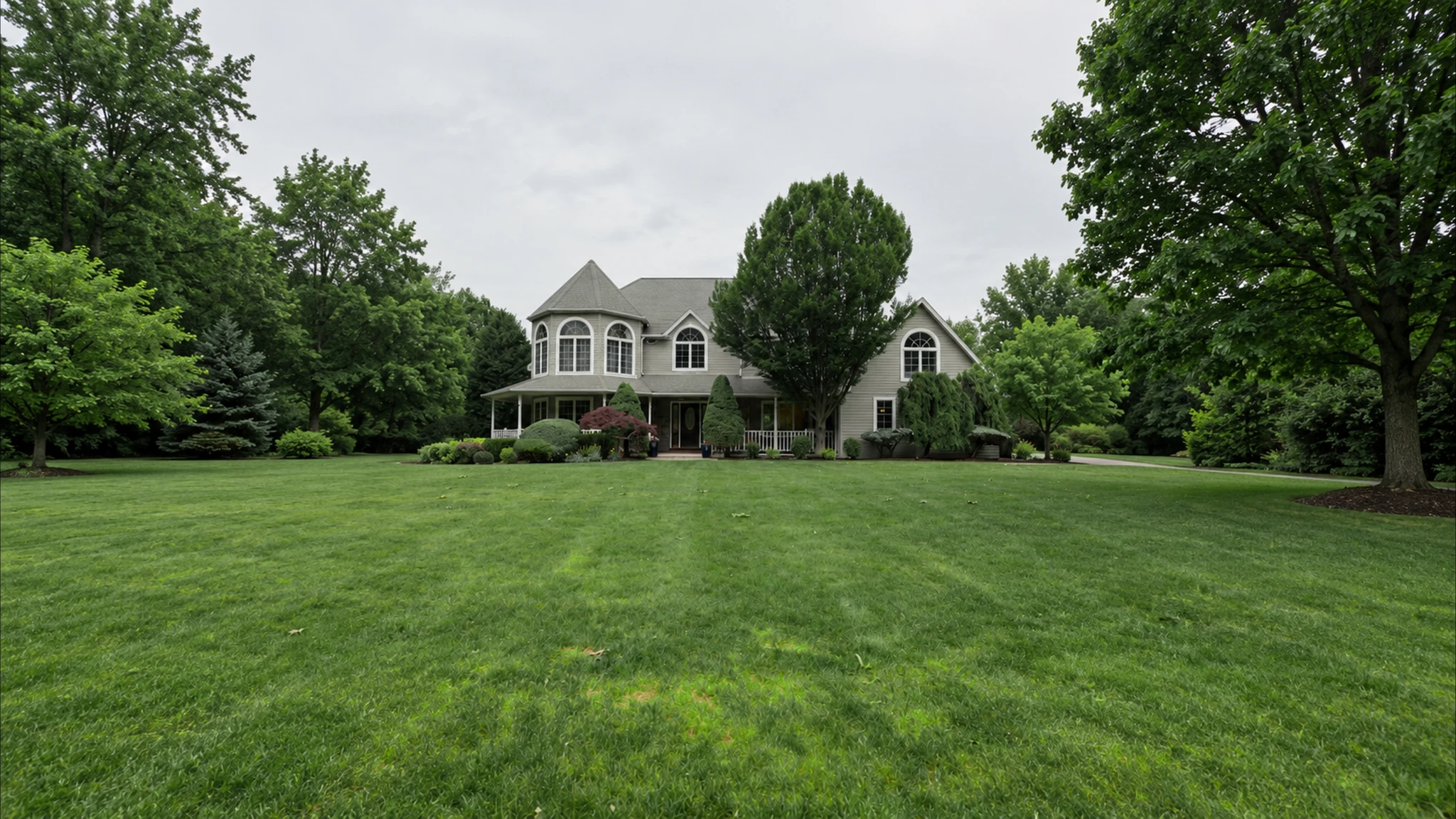 A house surrounded by green lawn and mature trees